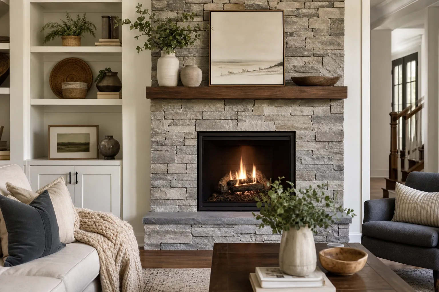 Living room with a lit fireplace, gray stacked-stone surround, dark wood mantel, built-in shelves, and neutral furnishings.