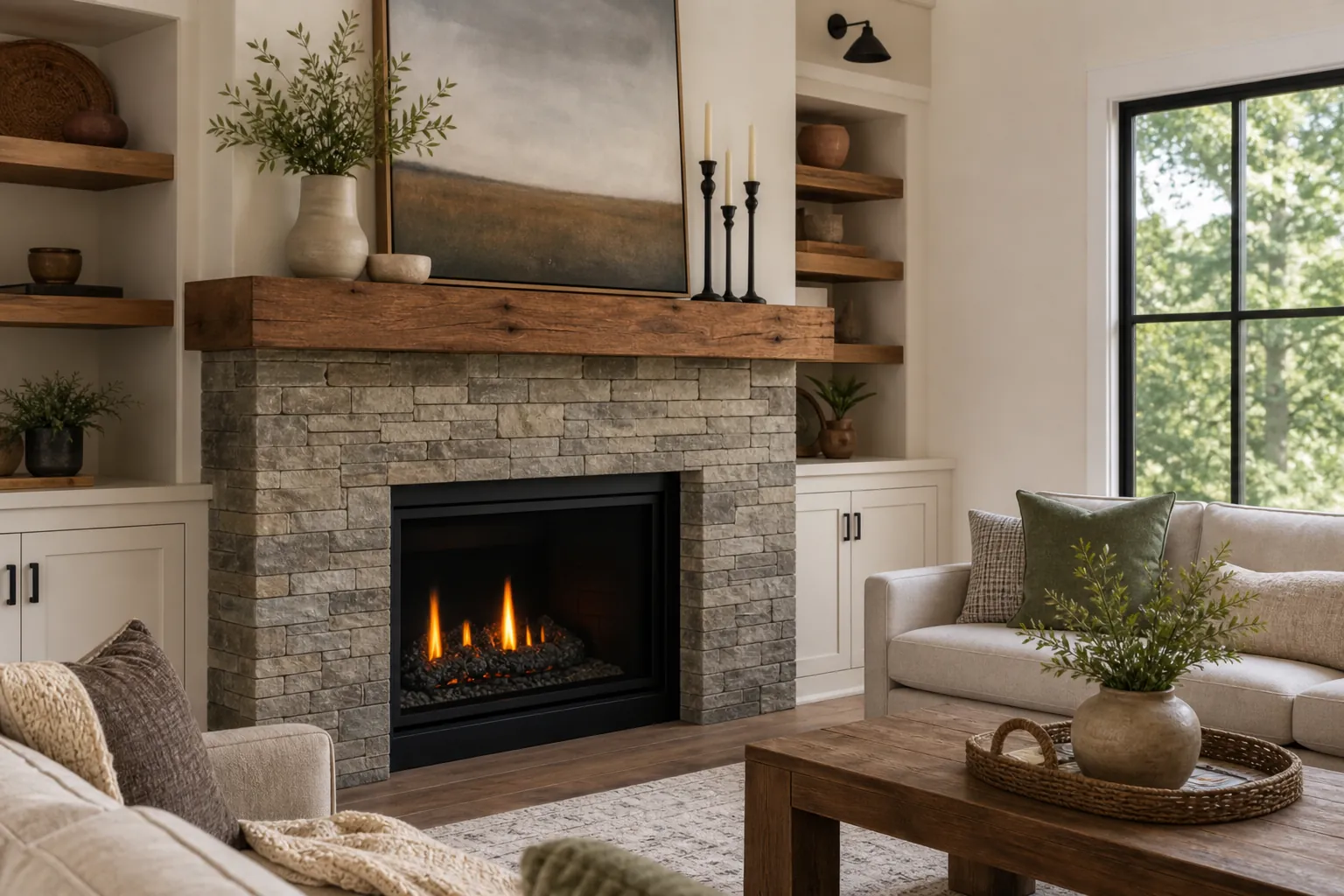 Cozy living room with a lit gas fireplace, stacked stone surround, thick wood mantel, built-in shelves, and neutral seating.