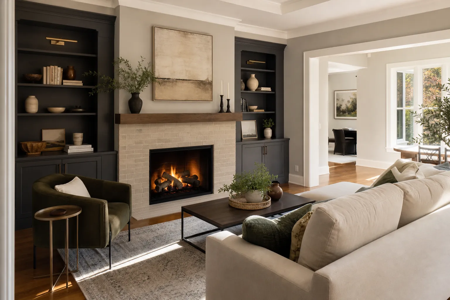Remodeled living room with a lit brick fireplace, wood mantel, dark built-in shelves, sofa, chair, and coffee table.