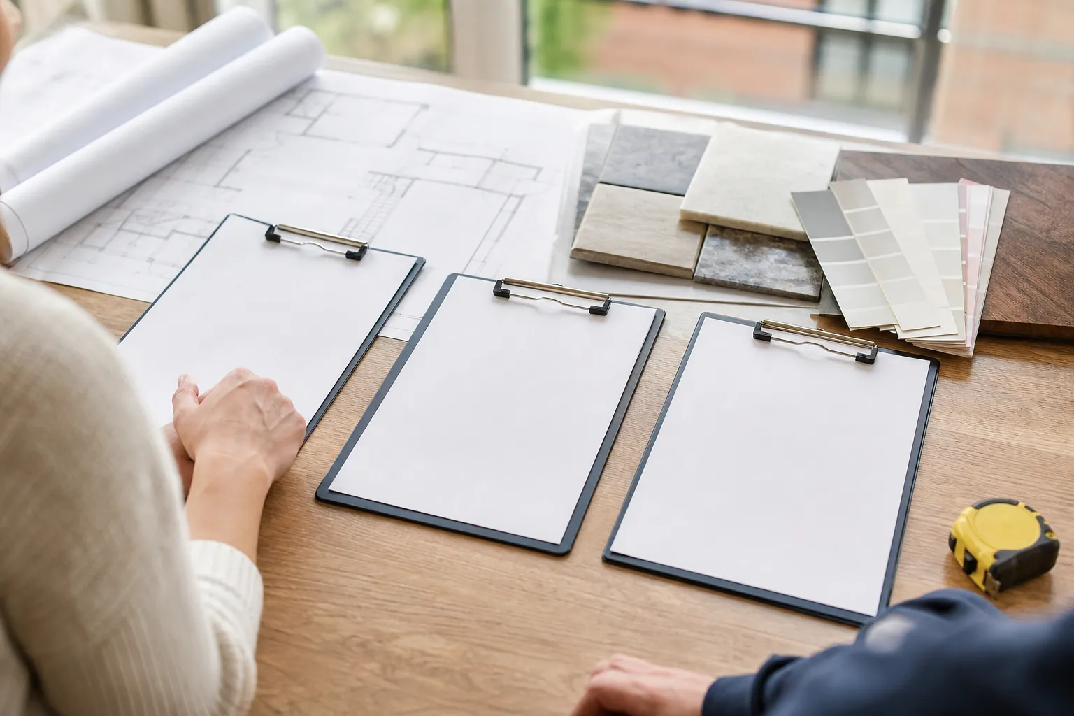 Two people review three blank clipboards beside blueprints, material samples, paint swatches, and a tape measure.