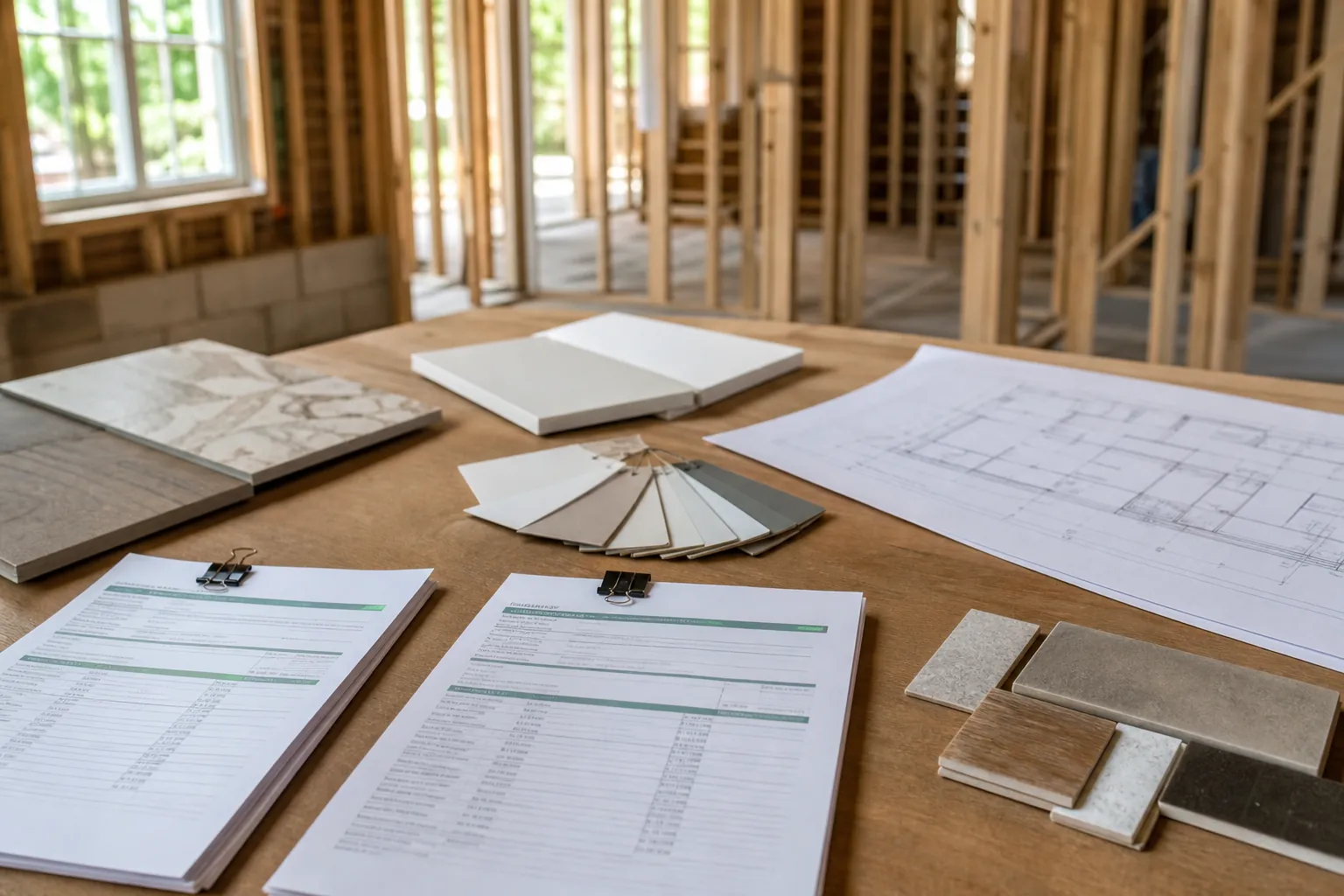 Contractor Proposals and Material Samples in a Framed Home Contractor proposal sheets, floor plans, paint swatches, and finish samples on a table inside a framed house.