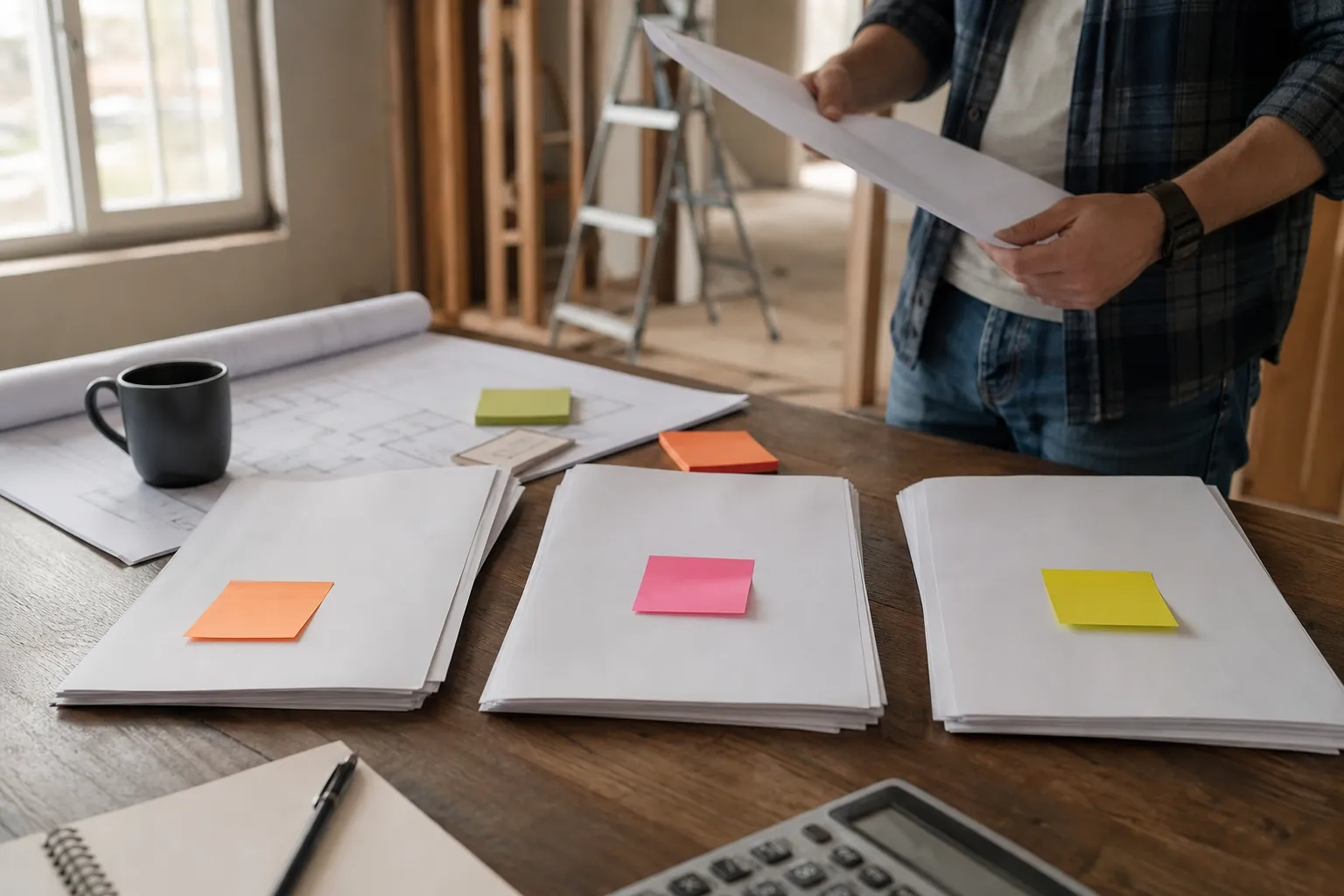 Contractor Comparing Proposal Documents and Project Plans Contractor reviews paperwork beside three proposal stacks, blueprints, notes and a calculator in a house under renovation.