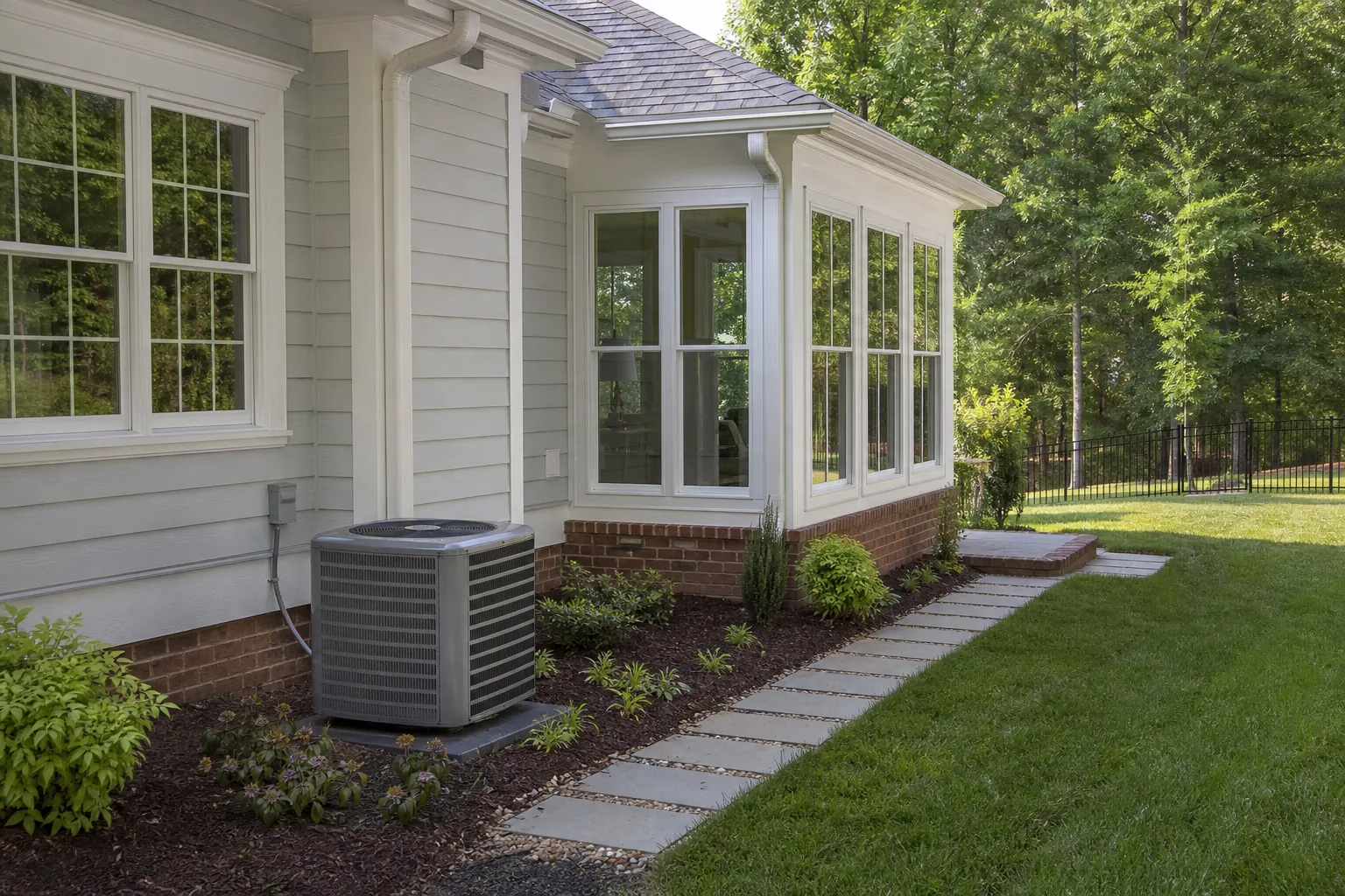 Outdoor air conditioning unit beside a windowed home addition with gray siding, brick foundation, and a garden path.