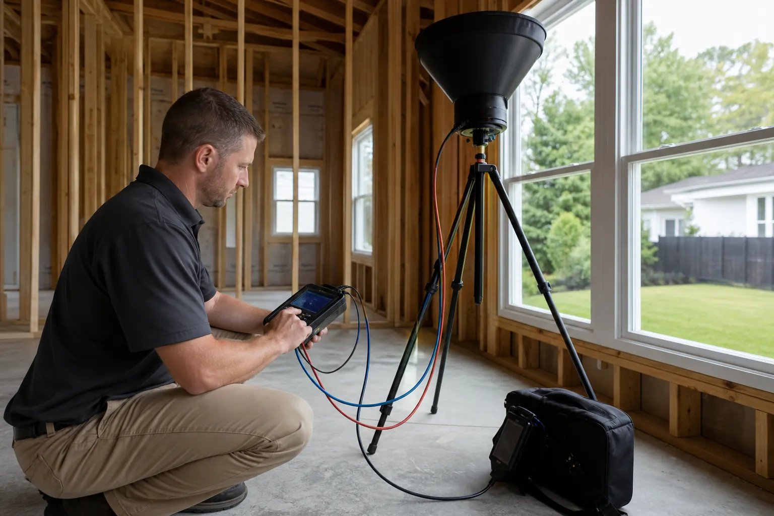 Technician Testing HVAC Loads in a Home Addition Technician uses a handheld meter connected to testing equipment in the framed interior of a home addition.