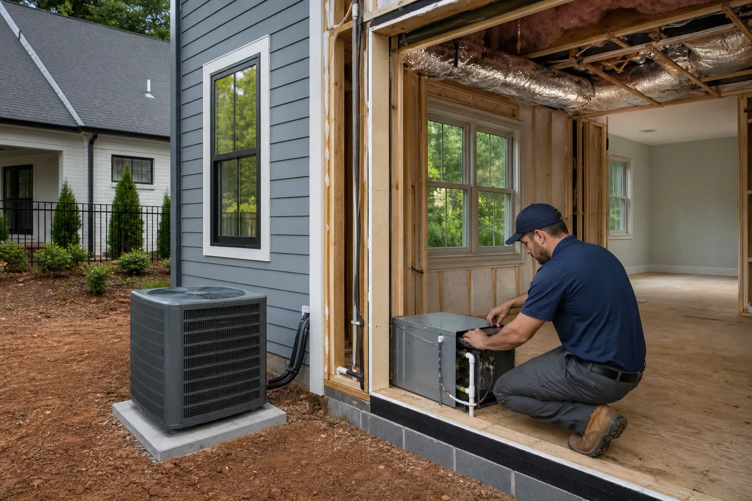 HVAC Installation for an Unfinished Home Addition HVAC technician installing equipment in an unfinished home addition beside an outdoor air conditioning unit.