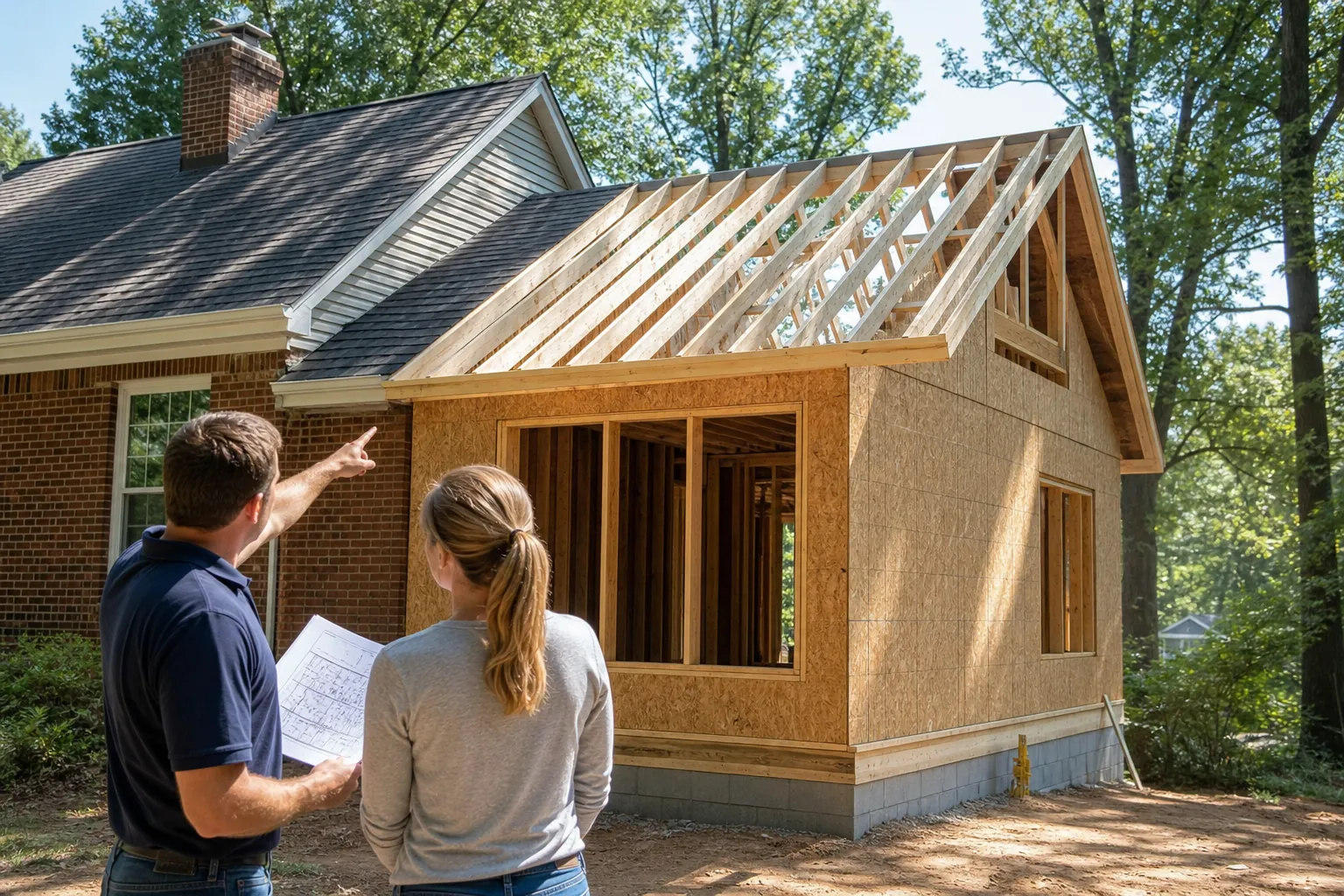 Two people review plans and point toward the framed gable roof of a home addition attached to a brick house.