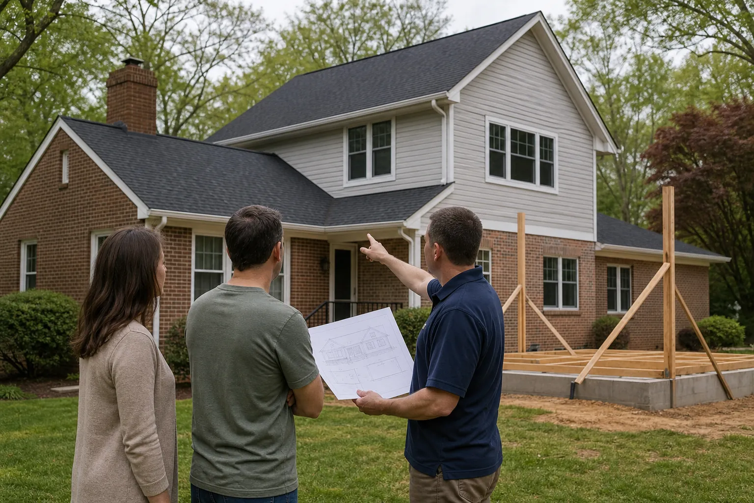 Three people review building plans and point toward a home's roofline beside a framed addition under construction.