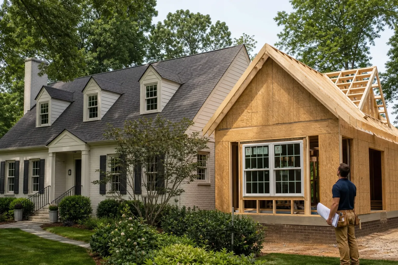 A contractor holding plans views a framed gable-roof addition beside a traditional home with dormers.