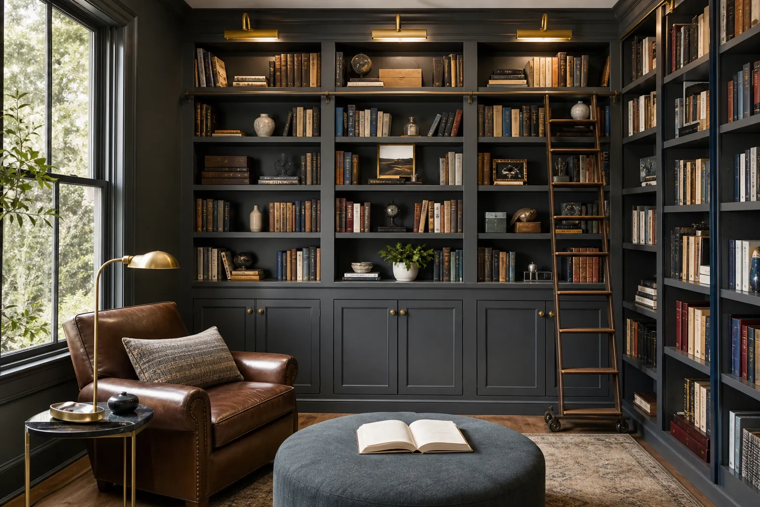 Dark built-in library shelves with books, a rolling ladder, leather armchair, brass lamp, and large window.