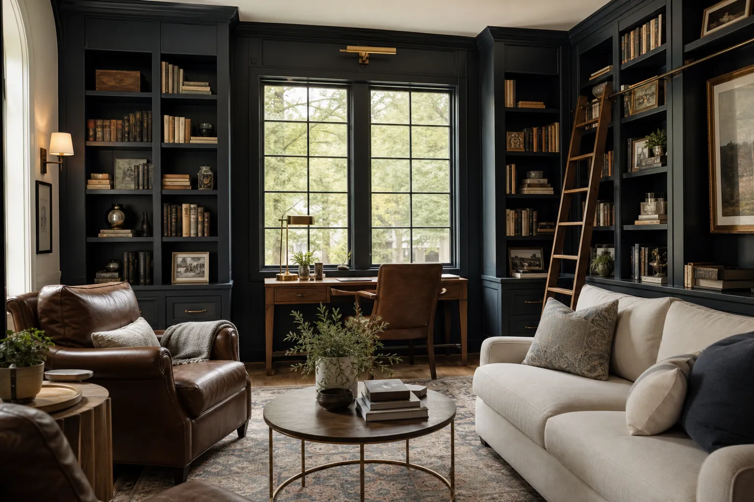 Dark built-in bookshelves, a rolling ladder, desk, leather chairs, and a cream sofa in a remodeled home library.