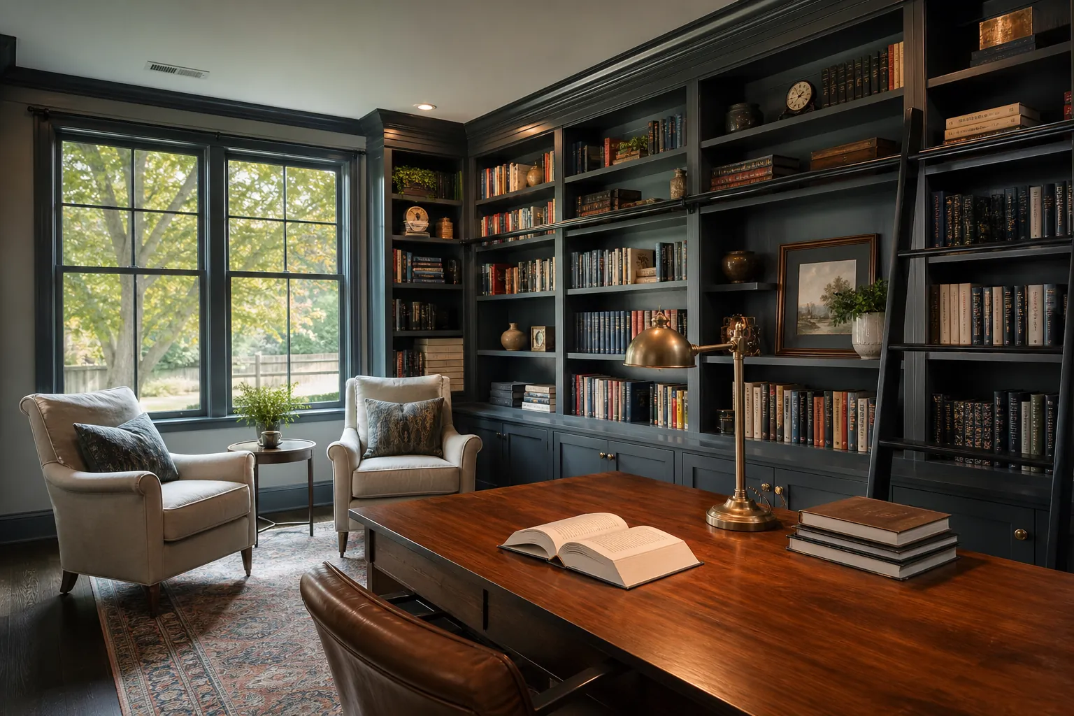 Dark built-in bookshelves, two armchairs, and a wood desk with an open book create a refined home library.