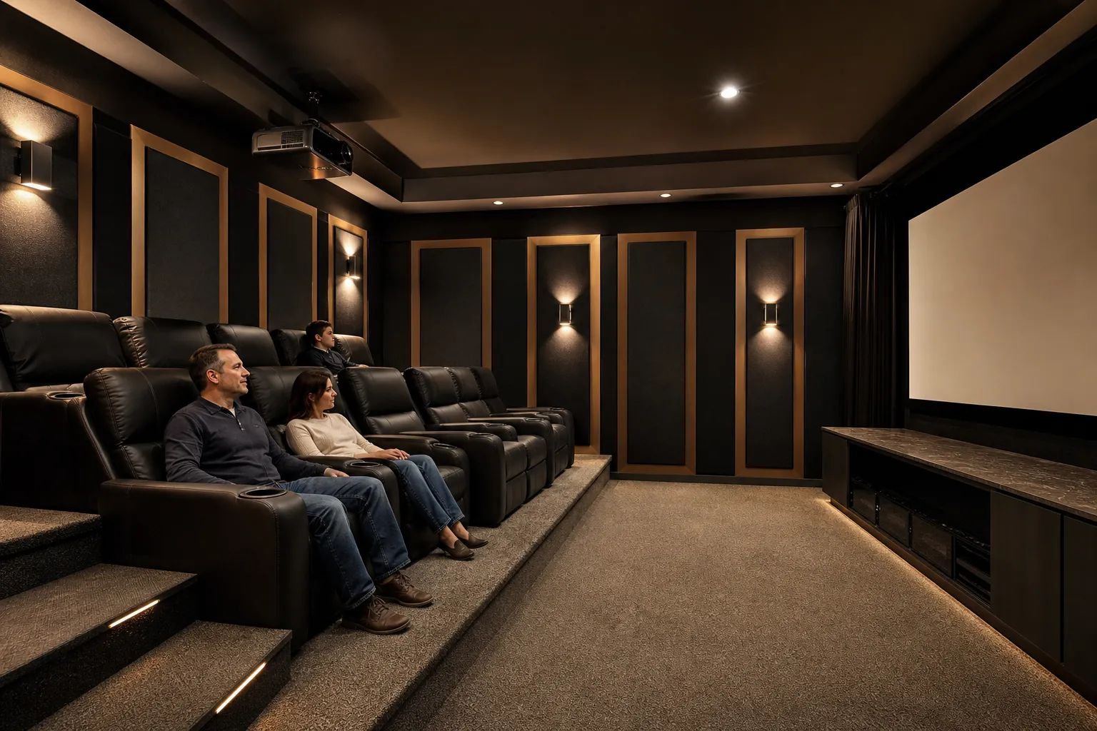 Three people sit in tiered leather recliners facing a large screen in a dark, dedicated home theater.