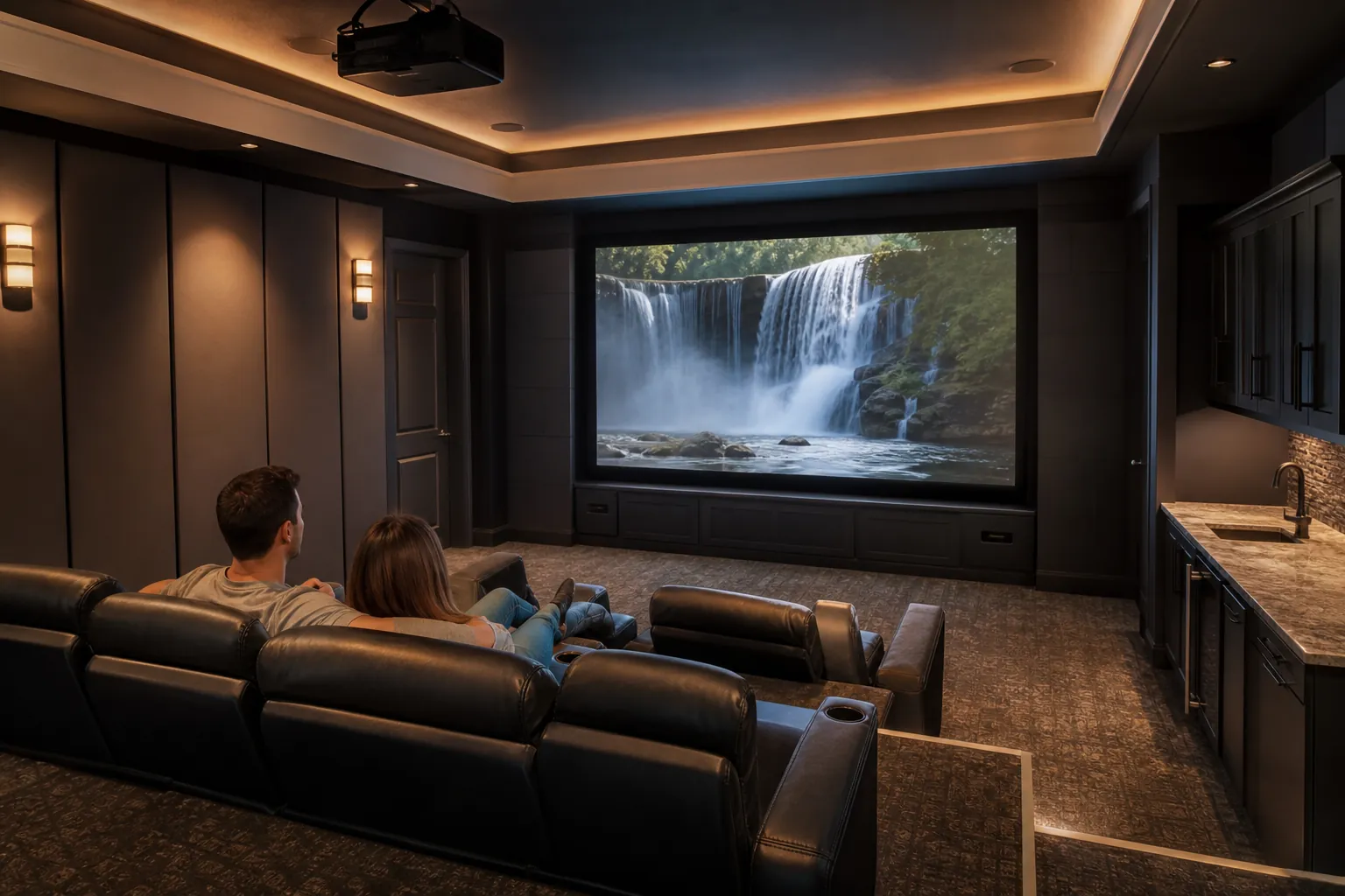 A couple sits in leather recliners watching a waterfall on a large screen in a dark home theater with a wet bar.