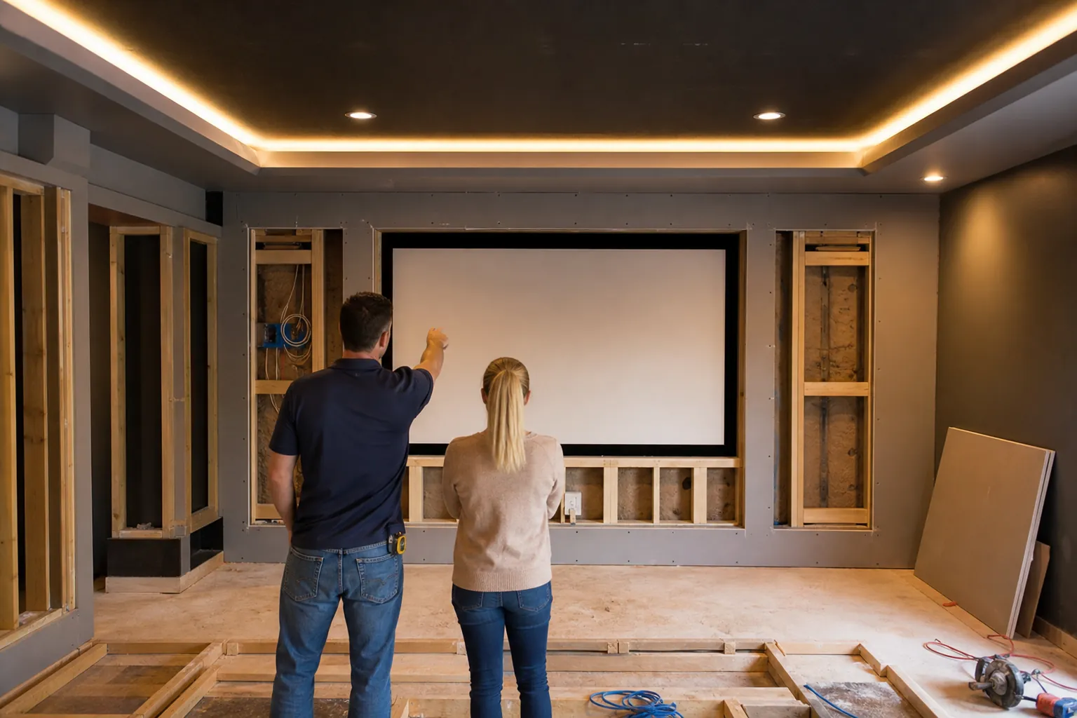 Two people inspect an unfinished home theater room with a projector screen, exposed framing, wiring, and recessed lighting.