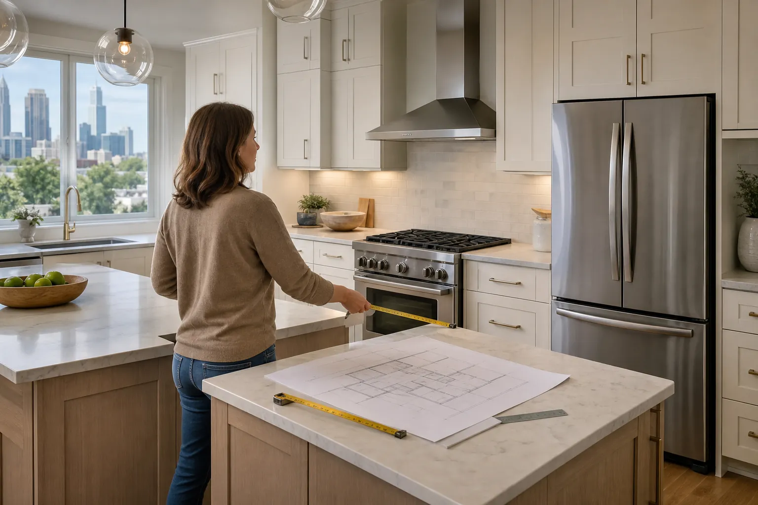 Woman measuring a stainless steel range beside kitchen plans in a bright modern kitchen with an island and refrigerator.