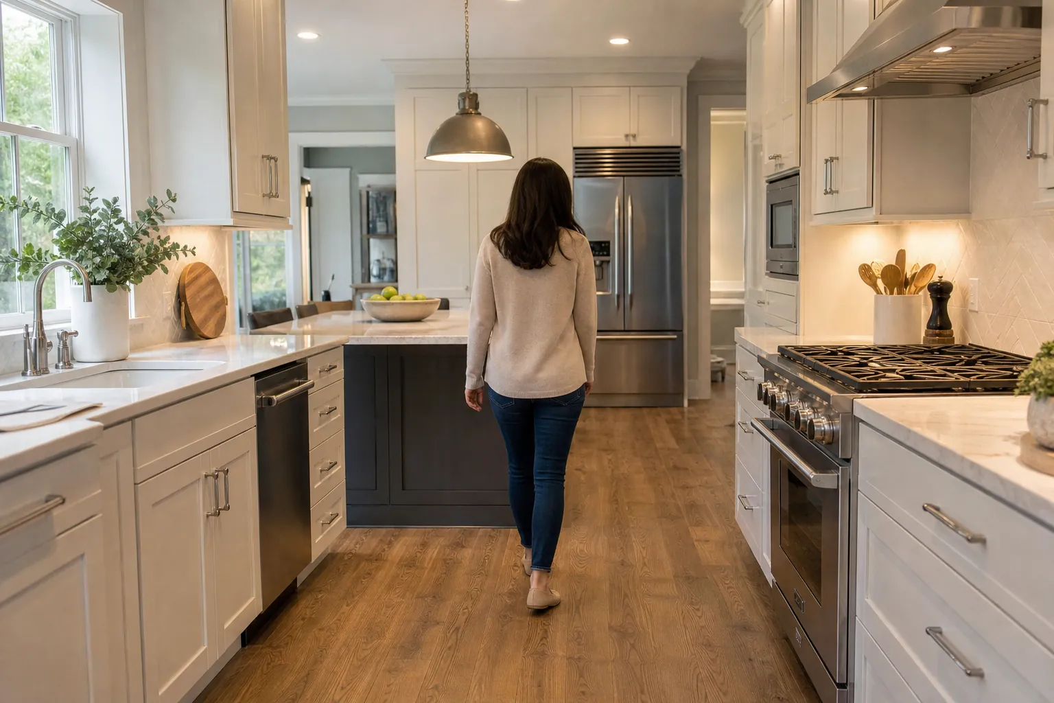 Wide Kitchen Walkway Between Appliances and Island Woman walking through a wide kitchen aisle between a range, dishwasher, island, sink, and refrigerator.