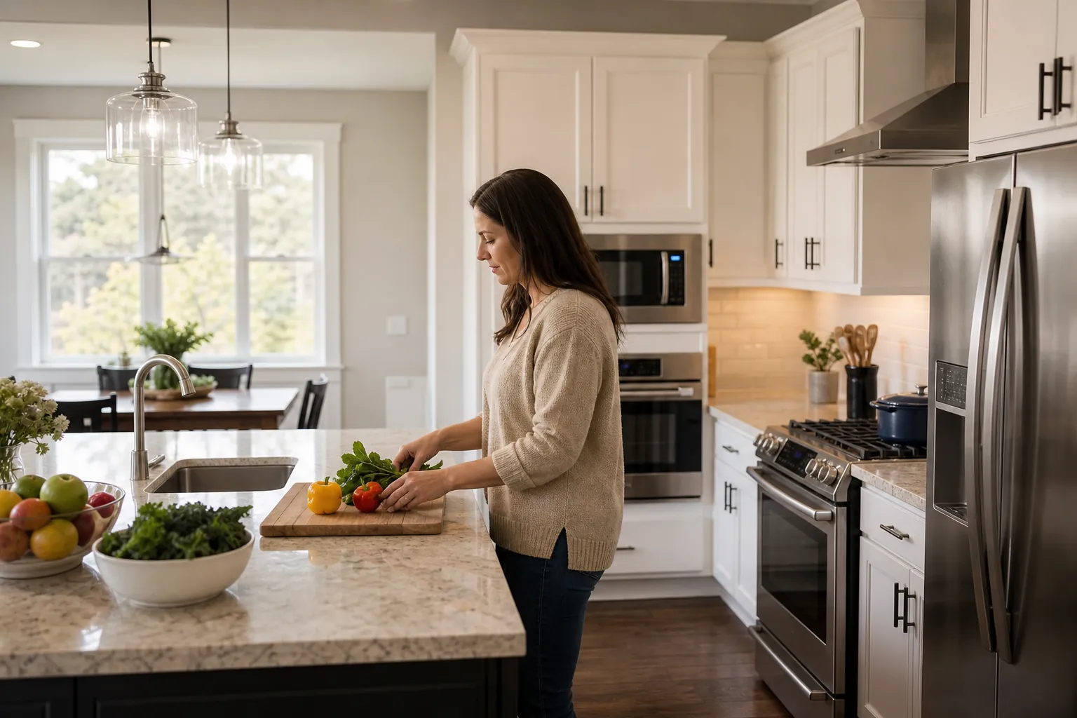 Daily meal preparation in a well-planned kitchen layout Woman preparing bell peppers on a kitchen island beside a sink, refrigerator, range, oven, and microwave.