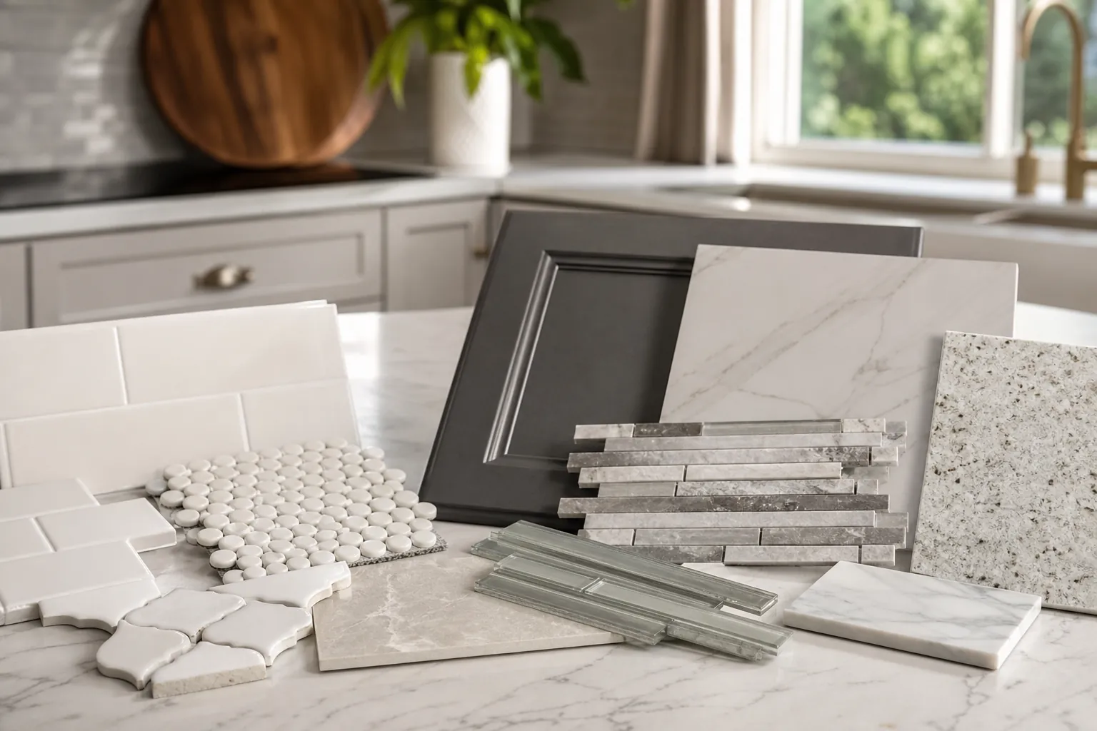 Backsplash tile, stone, glass, and cabinet finish samples arranged on a bright kitchen island.