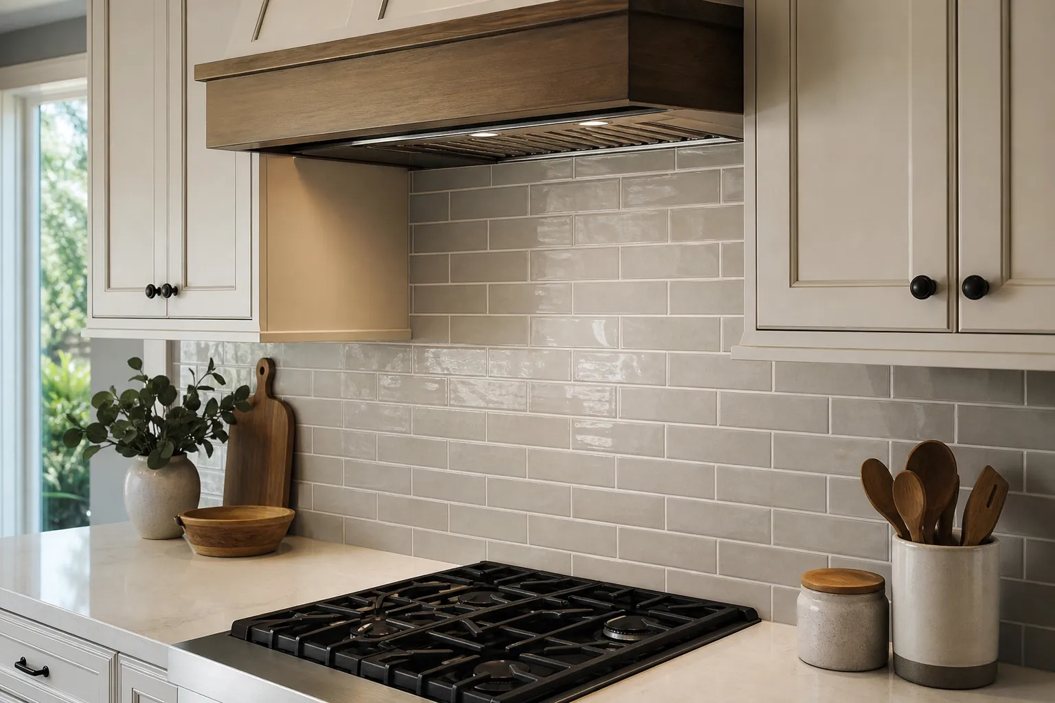 Gray subway tile backsplash behind a black gas cooktop, cream cabinets, wood hood, and countertop utensils.