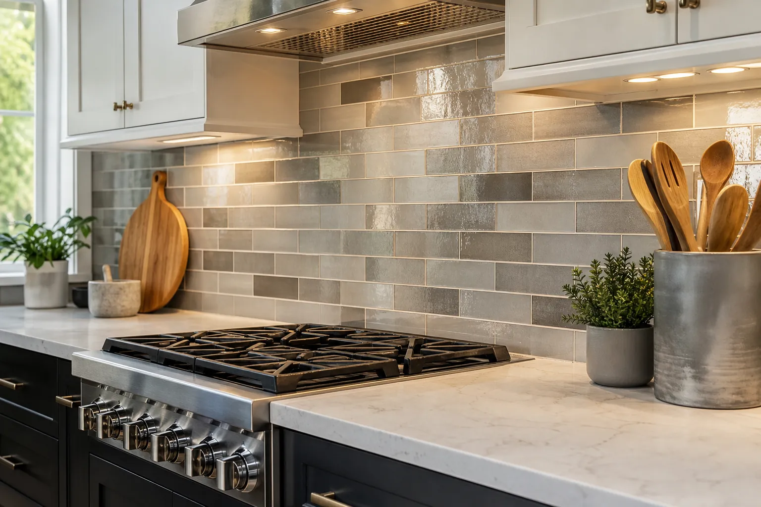 Modern kitchen with a glossy gray subway tile backsplash, gas range, white counters, cabinets, plants, and wooden utensils.