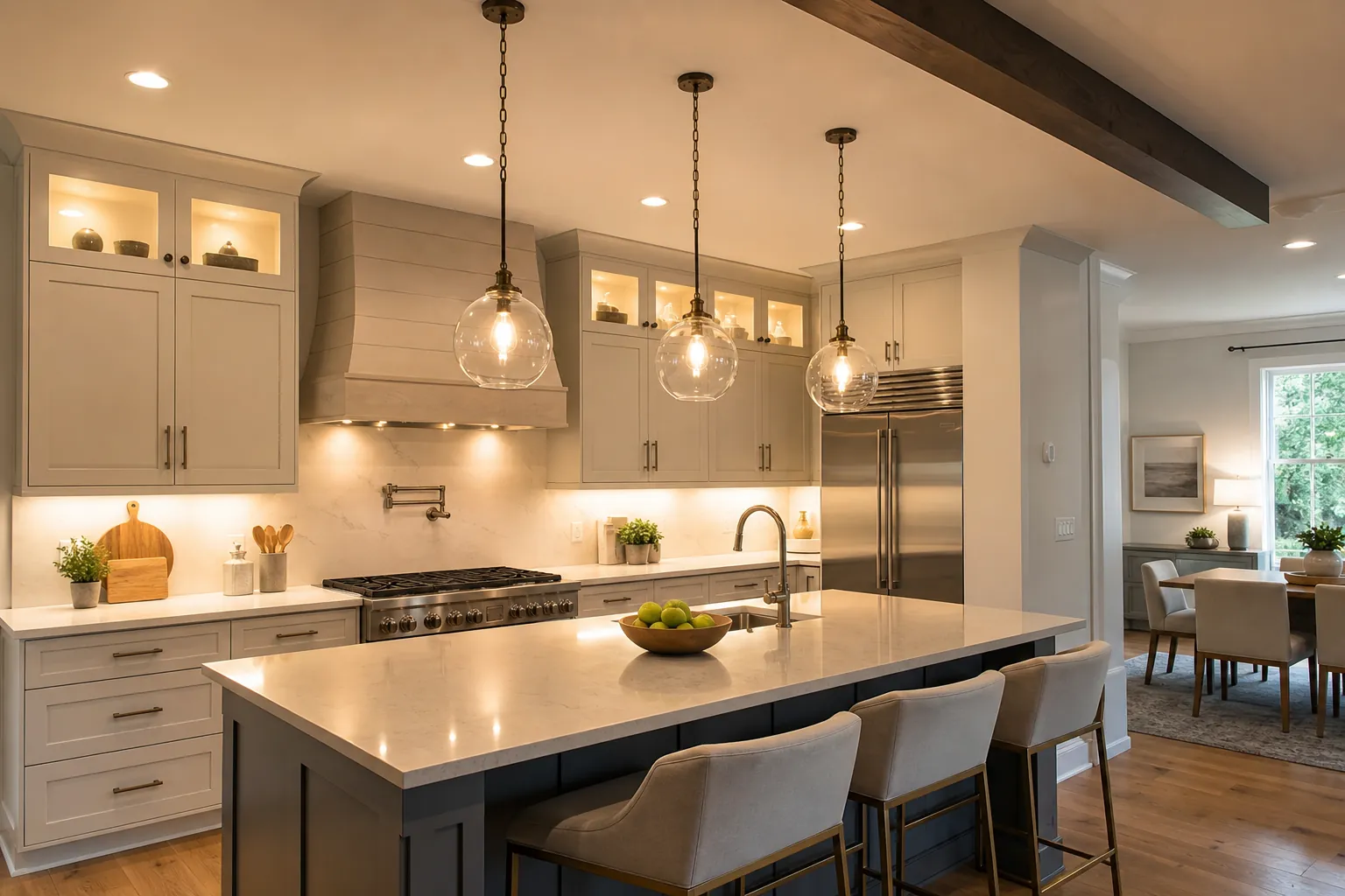 Warm pendant, recessed, cabinet and task lighting illuminate a remodeled kitchen with a large island and bar seating.
