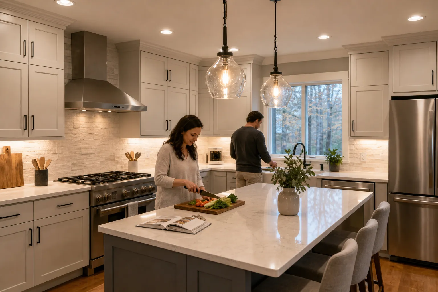 Two people prepare food in a remodeled kitchen with pendant lights, recessed lights, and under-cabinet lighting.