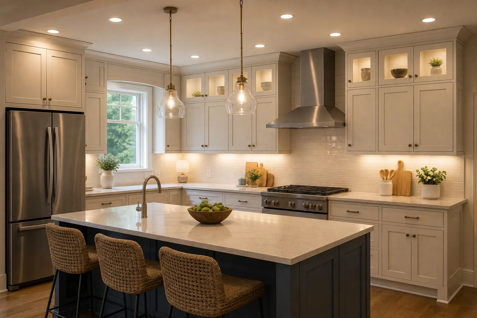 Remodeled kitchen with pendant lights, recessed ceiling lights, under-cabinet lighting, and a large island.
