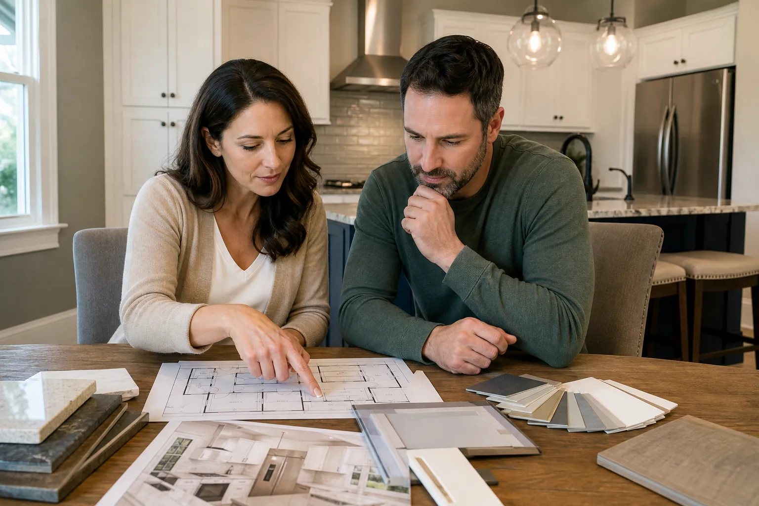 A couple reviews kitchen floor plans at a wooden table covered with countertop, cabinet, and flooring samples.