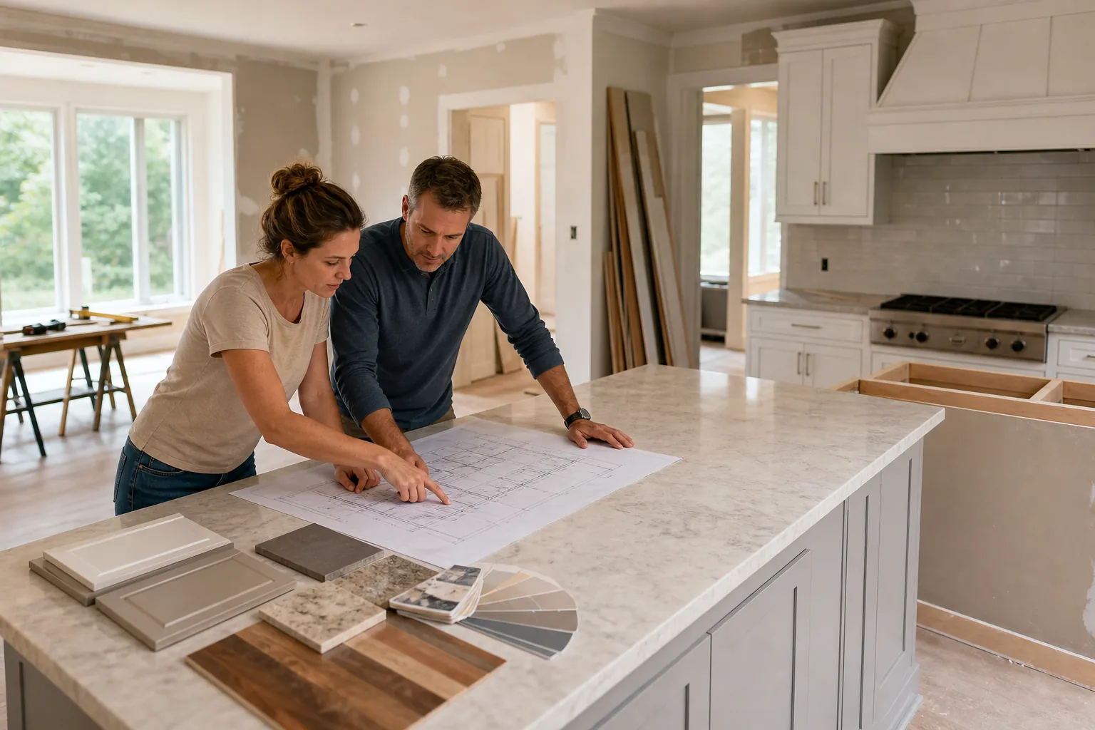 Two adults review kitchen plans on a marble-look island beside cabinet, countertop, wood, and paint samples in an unfinished kitchen.