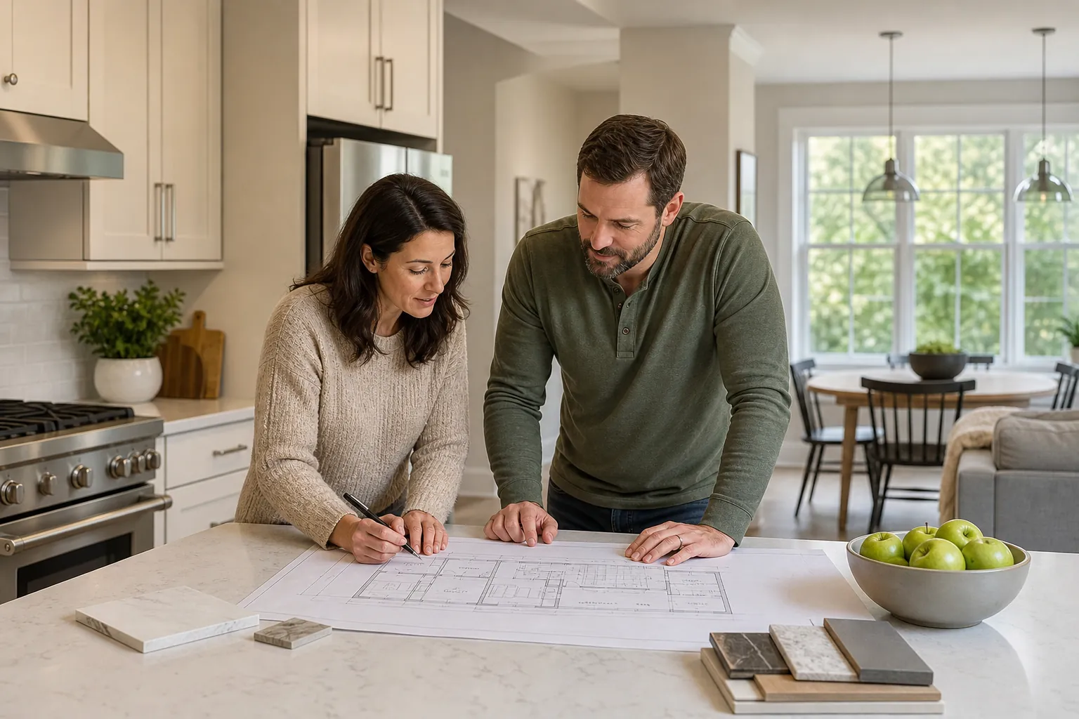 A man and woman review kitchen floor plans on an island countertop beside material samples and a bowl of green apples.
