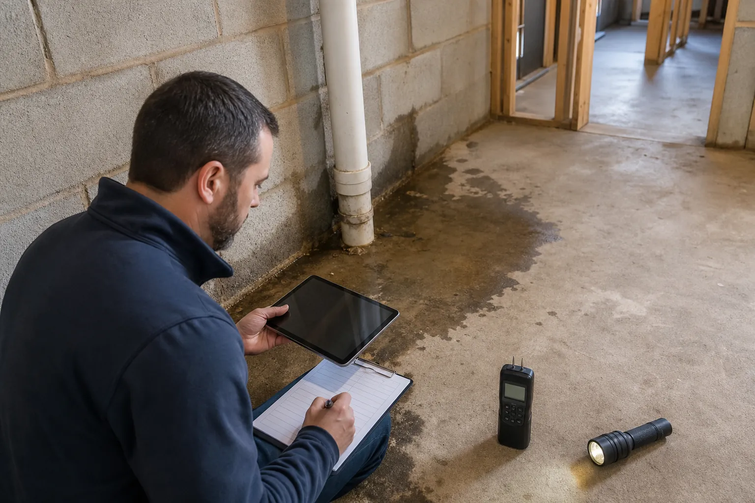 Editorial illustration of What Should Be Documented Before Finishing a Moisture-Prone Lake Wylie Basement? in North Carolina