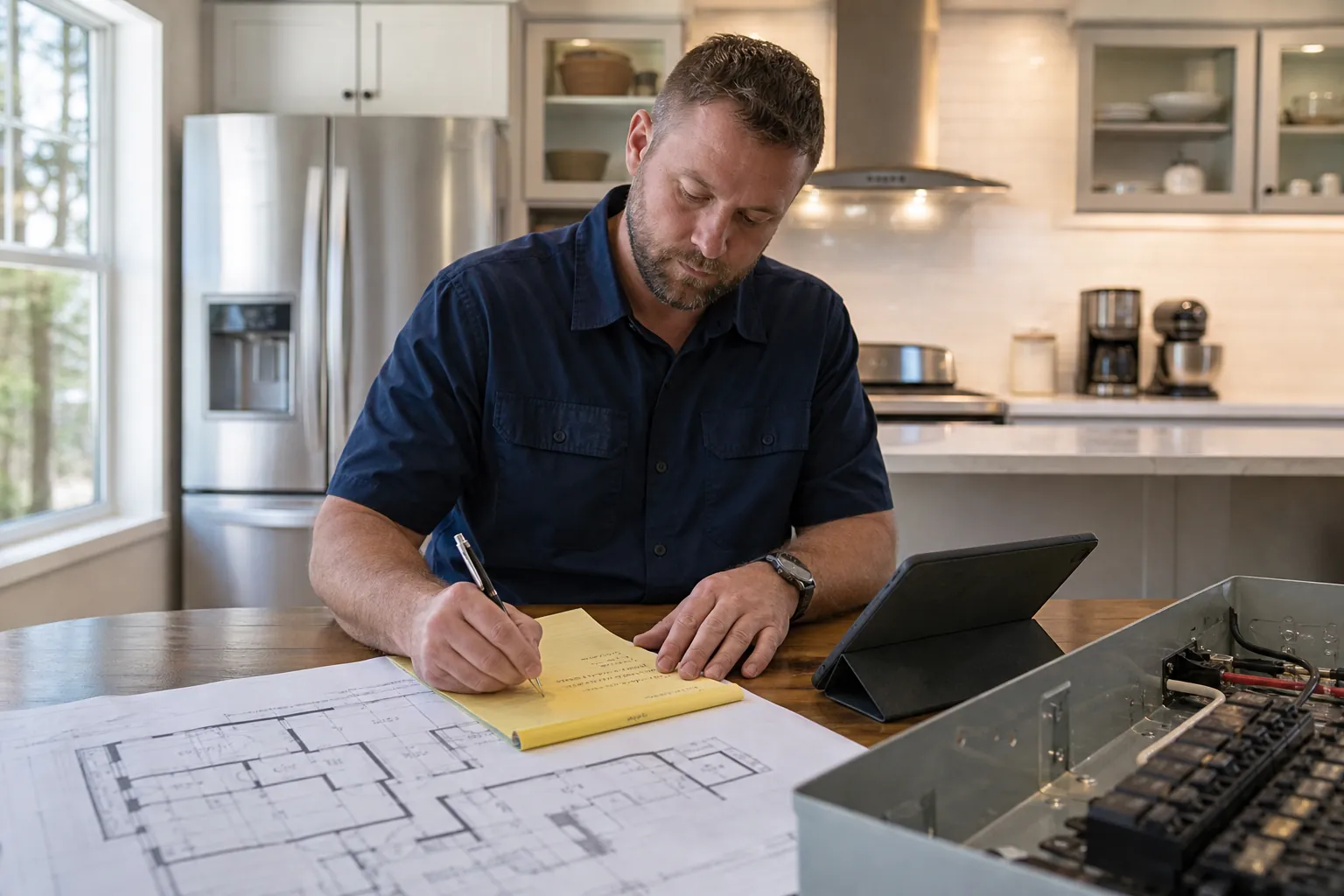 Planning Powered Features for a Kitchen Remodel Contractor writes a feature list beside floor plans, a tablet, and an open electrical panel in a remodeled kitchen.