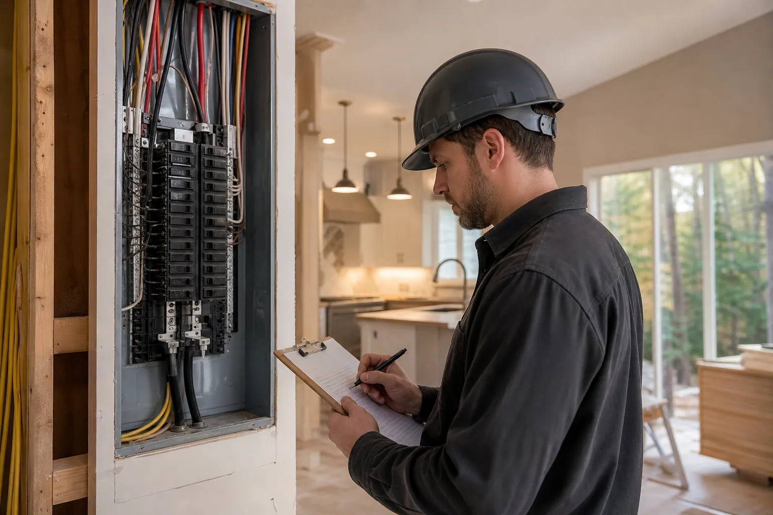 Electrician in a hard hat records notes while inspecting an open breaker panel in a remodeled kitchen.