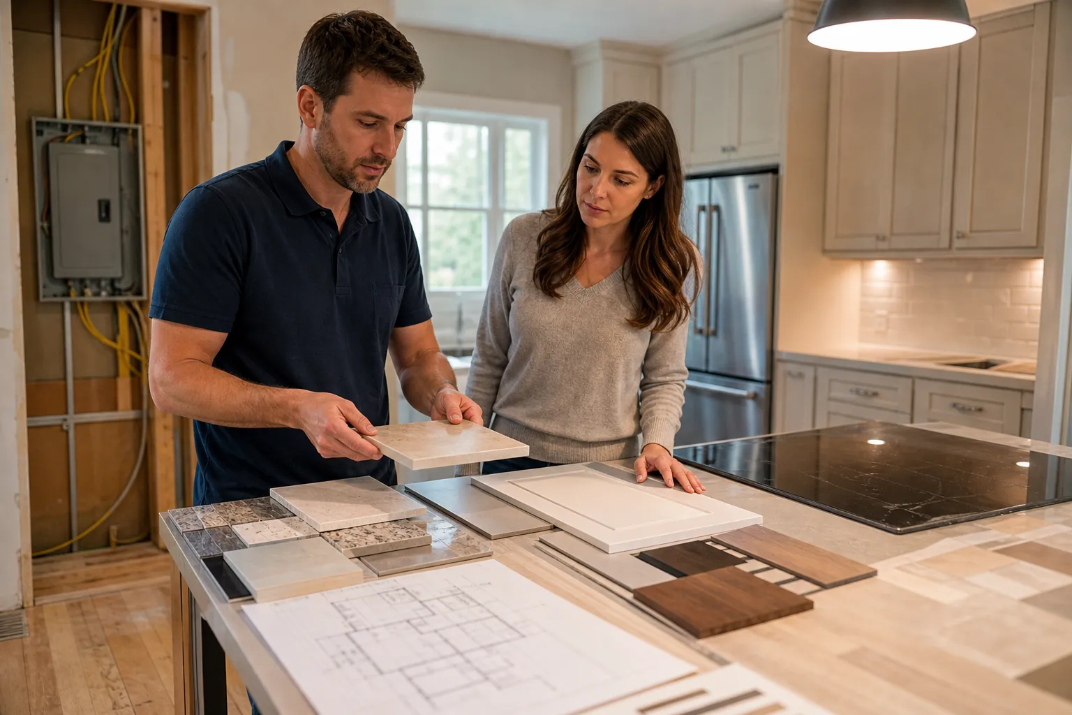 Reviewing Kitchen Remodel Samples Near an Electrical Panel Two homeowners compare cabinet, tile, and countertop samples beside an exposed electrical panel in a remodeled kitchen.