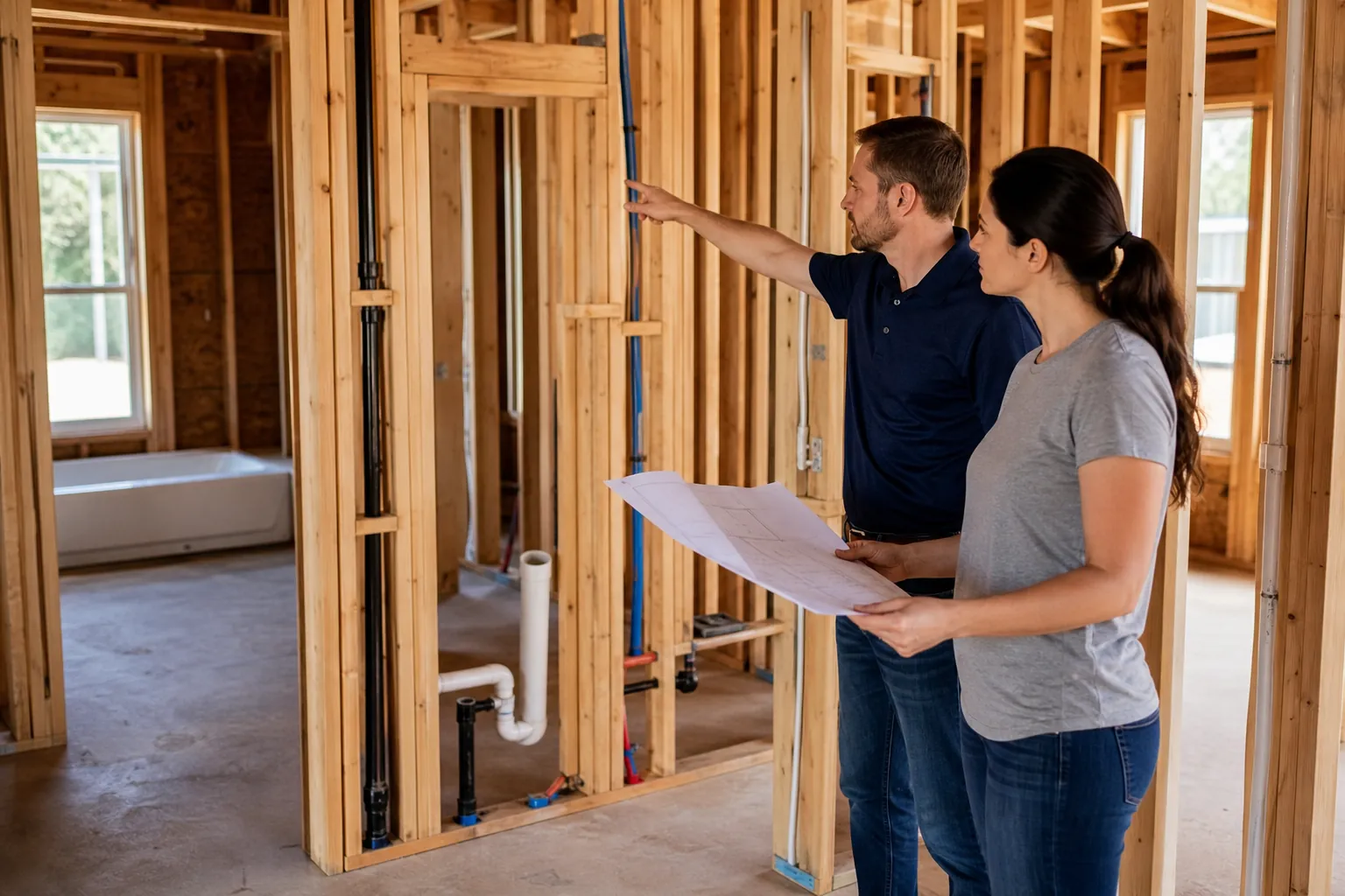 A man points to plumbing in an unfinished framed home while a woman compares the fixture locations with a floor plan.