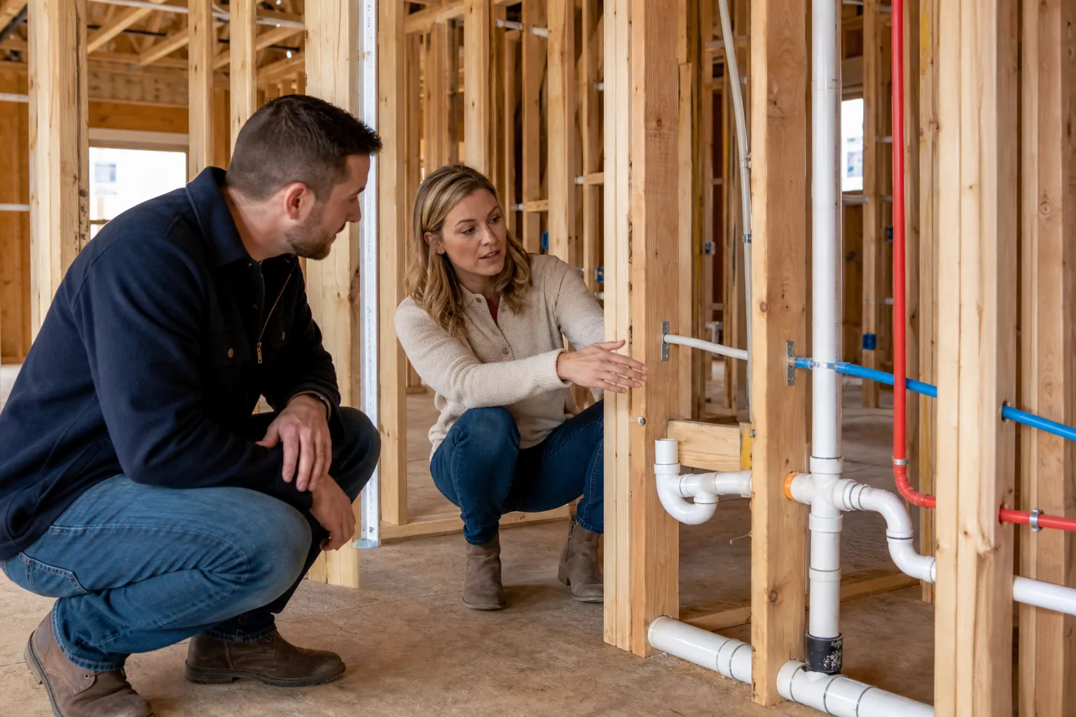 Two people inspect exposed water supply and drain pipes during a plumbing rough-in walkthrough in a framed home.