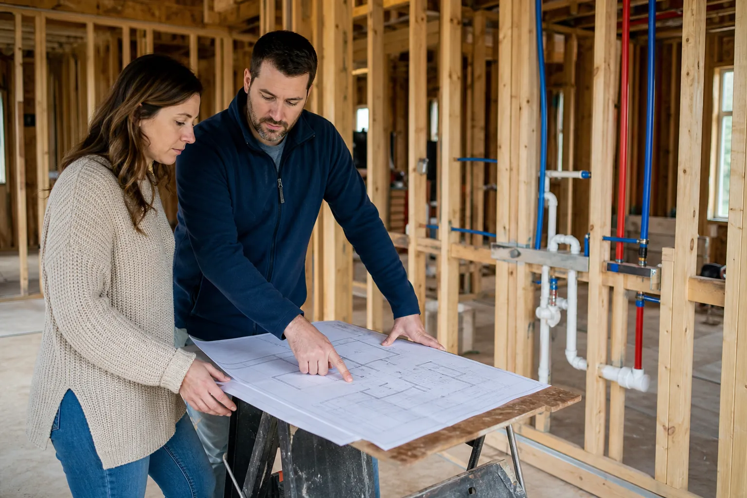 A couple reviews building plans beside exposed red, blue, and white plumbing lines in a wood-framed home.