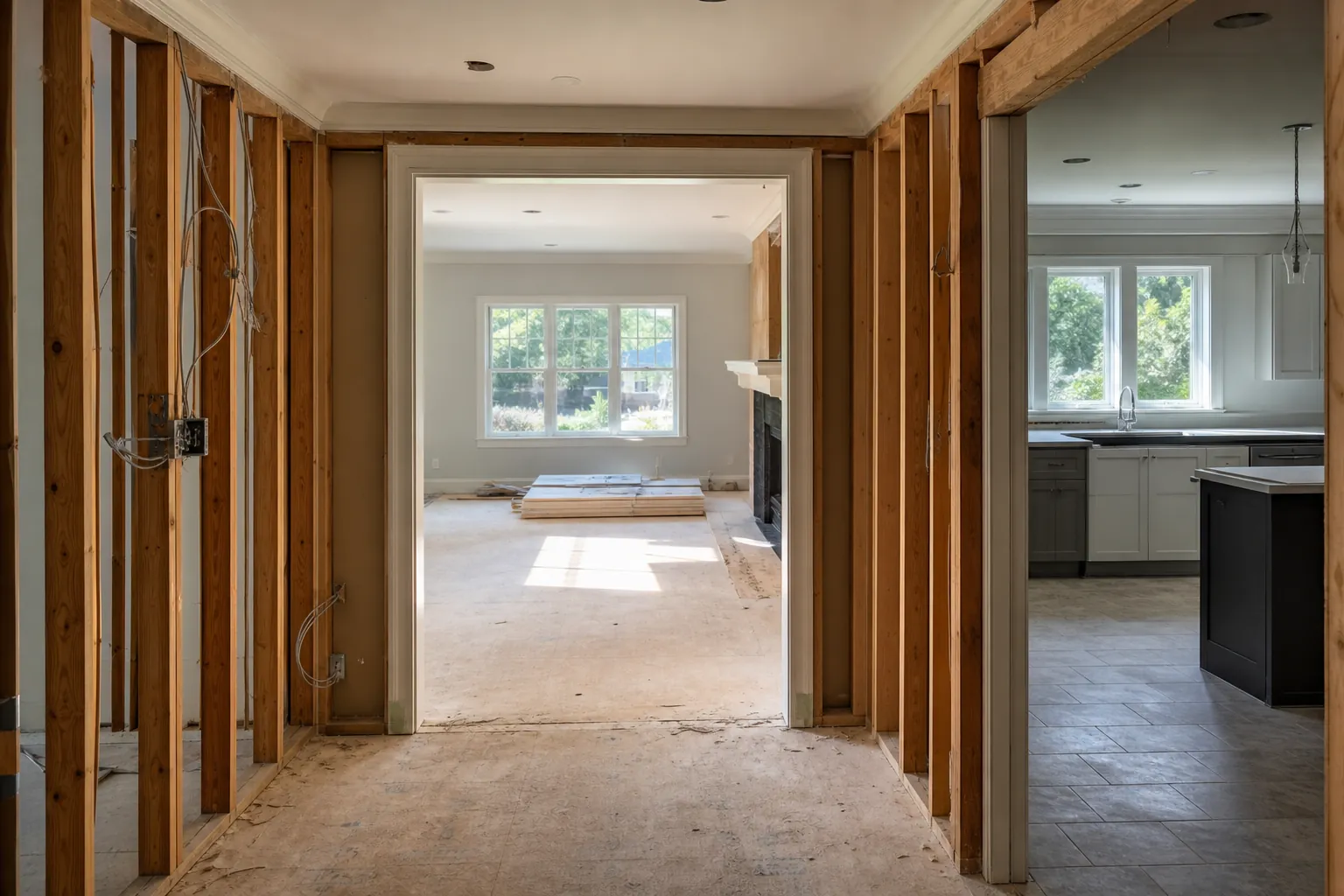 Interior remodel in progress with exposed wall studs beside a finished kitchen and partially renovated living room.