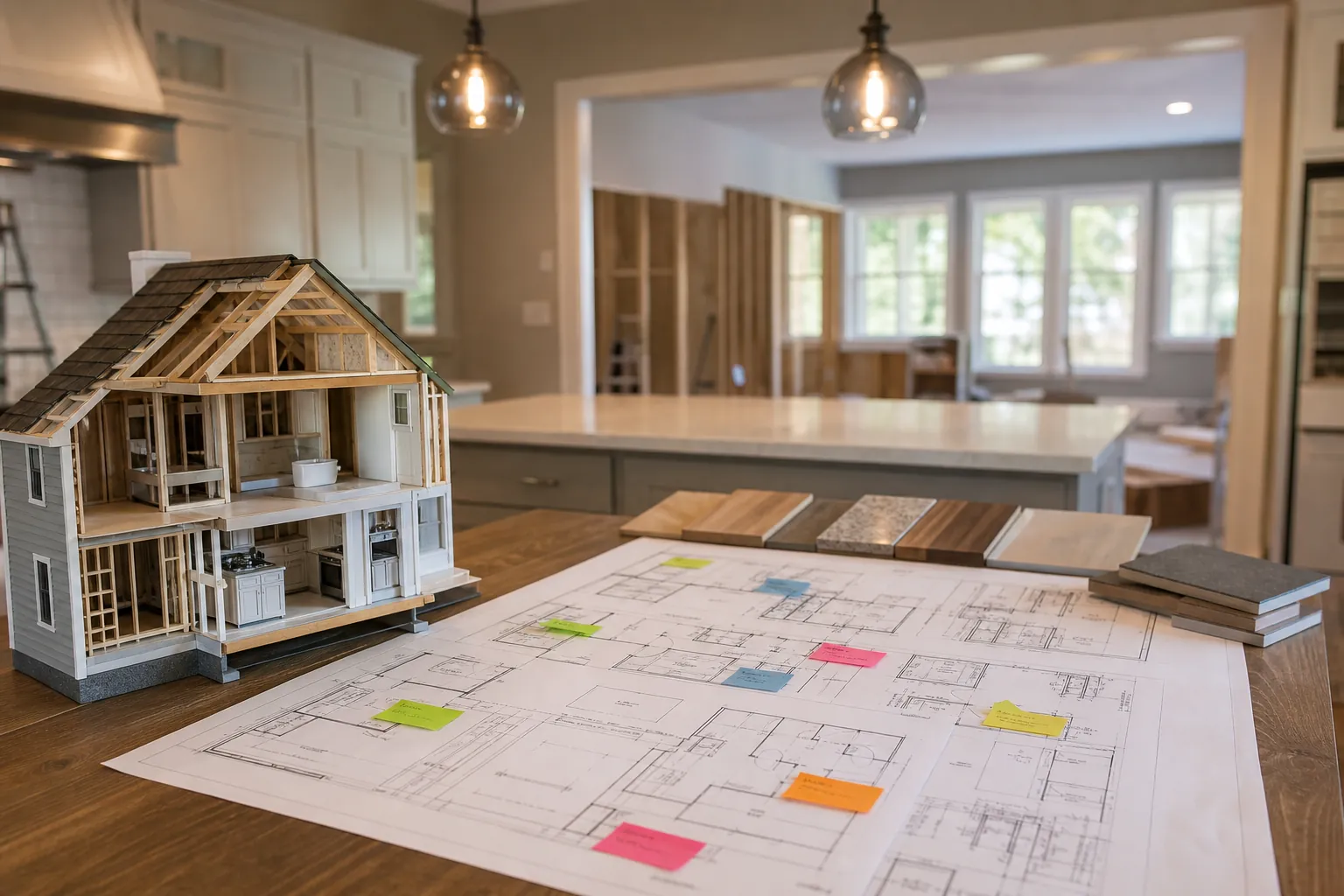 Remodel Phasing Plans and Model in a Kitchen Architectural floor plans, material samples, and a model house arranged in a partially remodeled kitchen.