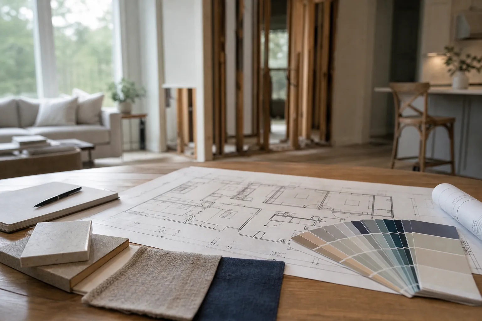 Whole-home remodel plans and material samples Floor plans, tile, fabric, and paint samples spread across a table in a partially remodeled open-plan home.