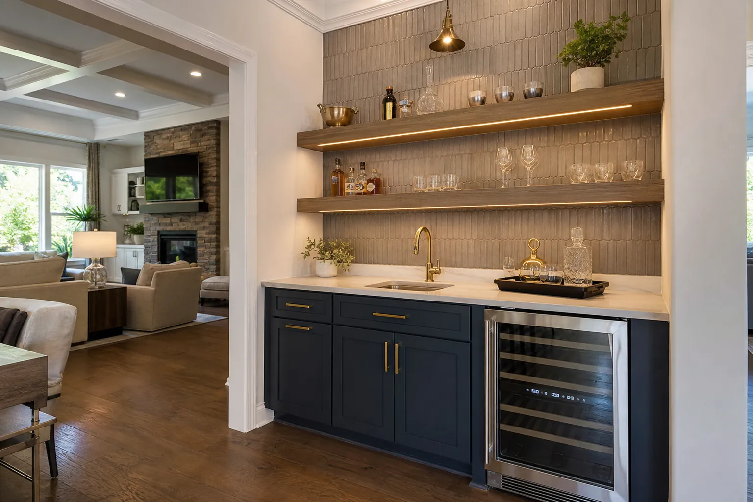 Editorial illustration of Plan a wet bar remodel that fits your Charlotte home in North Carolina