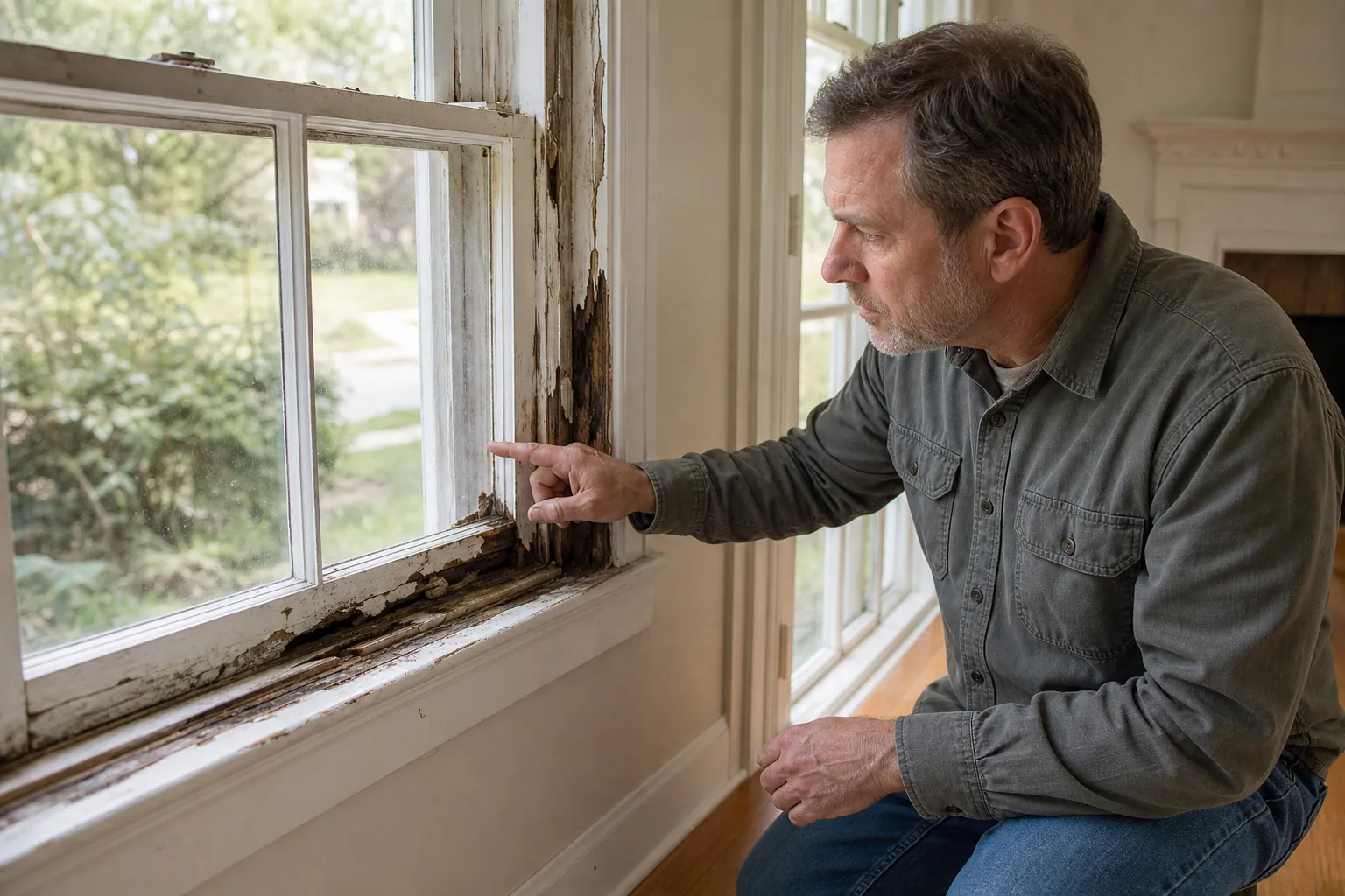 A man points to peeling paint and severe wood rot along the frame and sill of an older double-hung window.