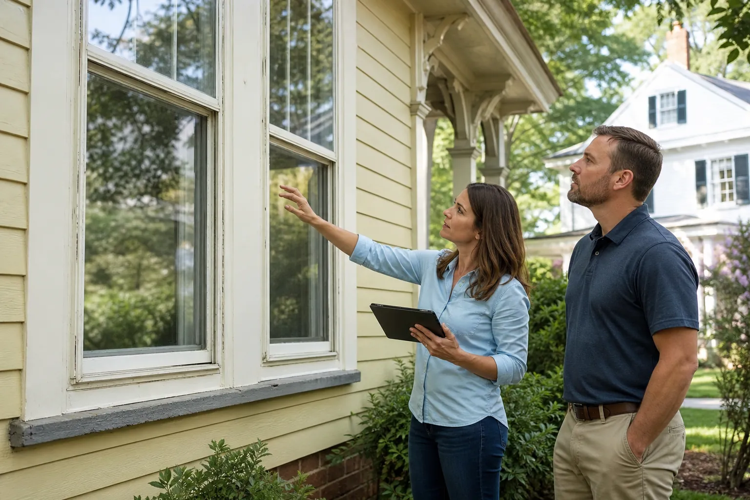 A woman with a tablet points at aging exterior window trim while a man inspects the windows of an older home.