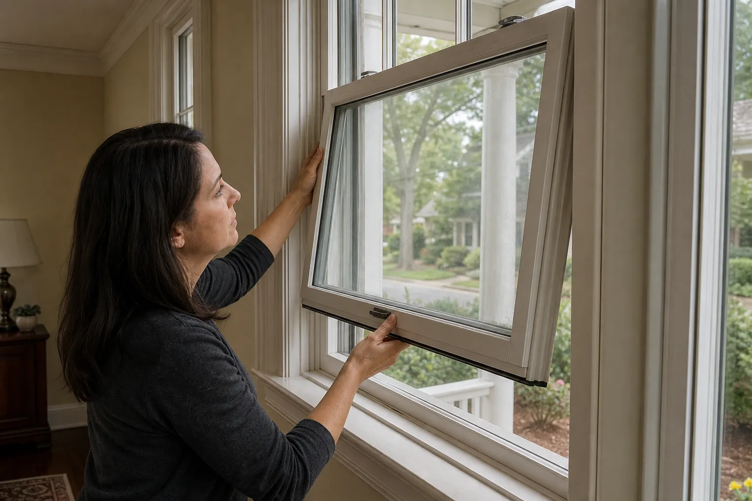 Woman checks the operation of an open casement window inside an older home with traditional trim.
