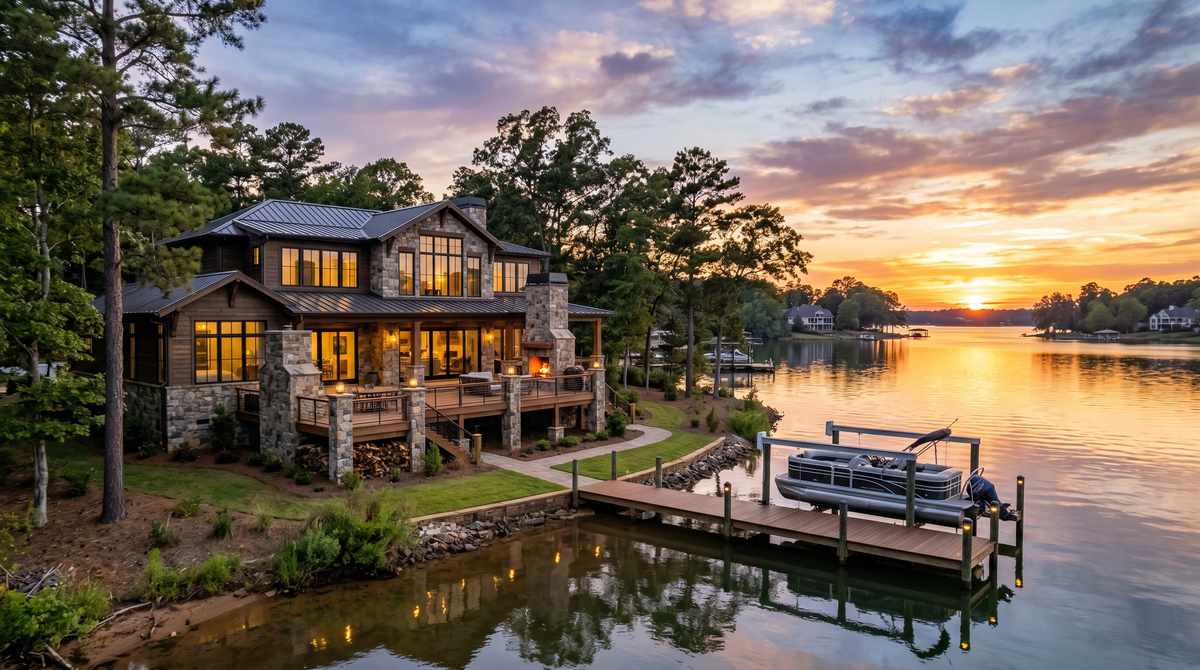 Newly built lakefront custom home with private dock on Lake Wylie SC at sunset