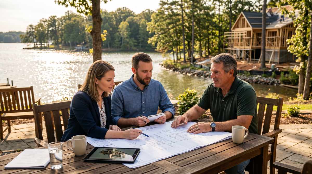 Homeowners reviewing custom home blueprints with a builder at Lake Wylie SC waterfront, new construction framing visible through Carolina hardwood trees