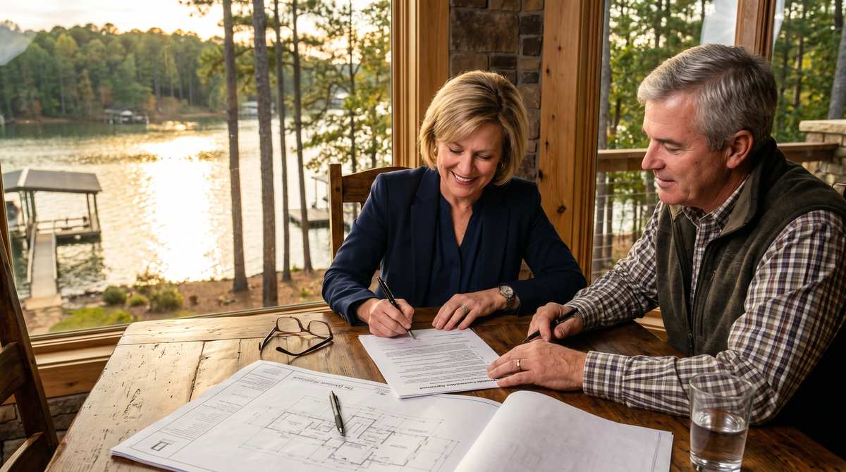 Homeowners signing a custom home construction contract at a Lake Wylie SC waterfront home, Carolina pine forest and dock visible through window