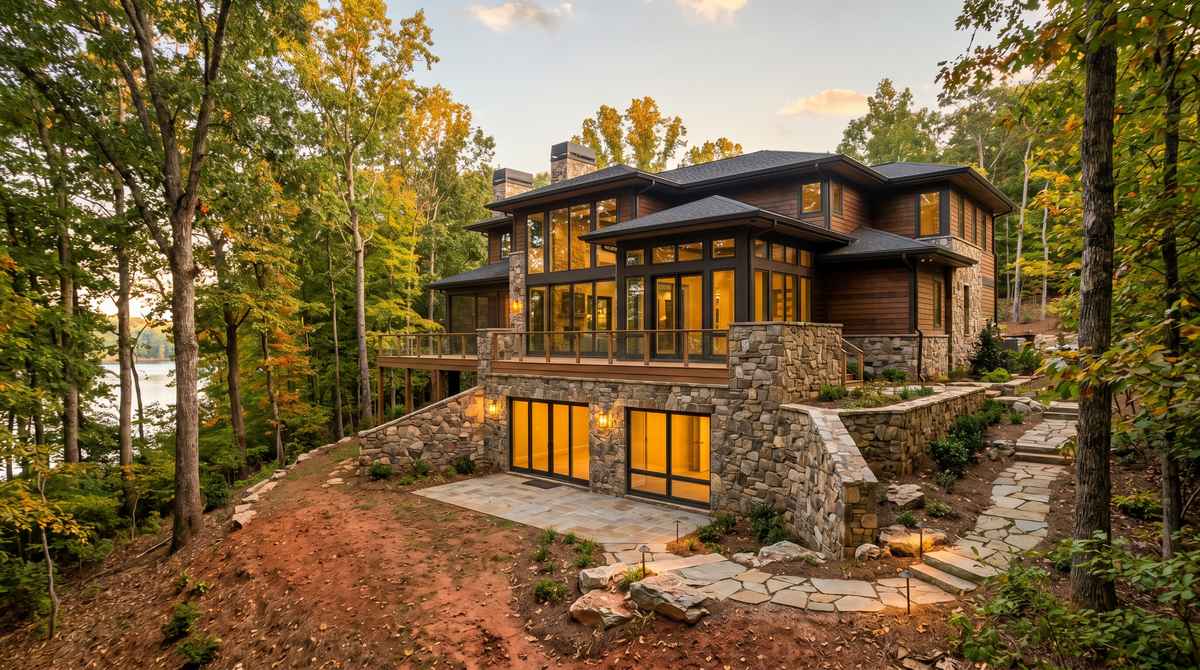 Custom luxury home with walk-out basement built on a sloped wooded lot in Lake Wylie South Carolina with stone foundation walls and natural daylight windows