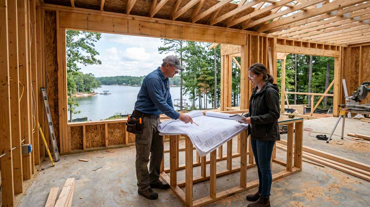 Custom home builder and homeowner reviewing revised floor plan blueprints inside partially framed house under construction overlooking Lake Wylie SC shoreline