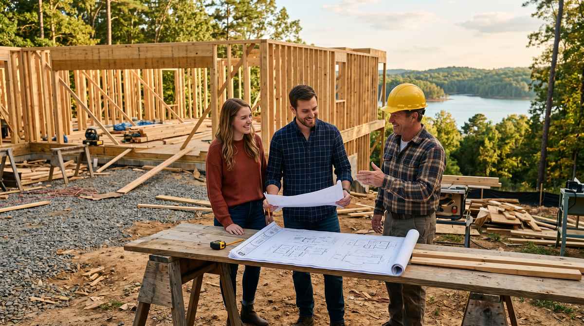 First-time home buyers reviewing custom house plans with a builder at a framed construction site near Lake Wylie, South Carolina, lake visible in the background